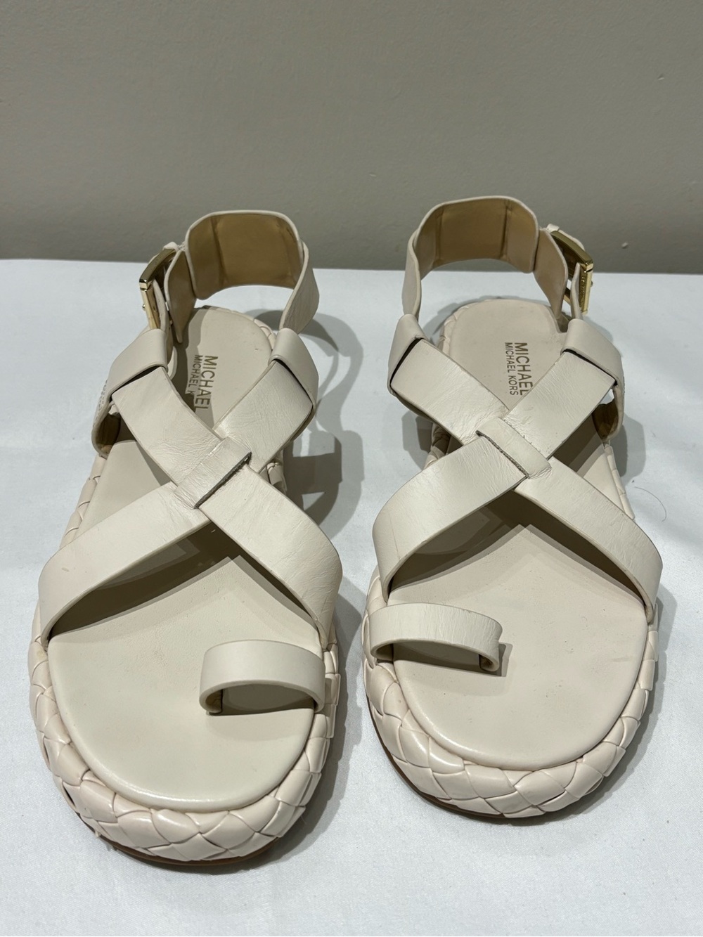 Michael Kors Women's Ivory/Cream Leather Crisscross Toe-Ring Sandals